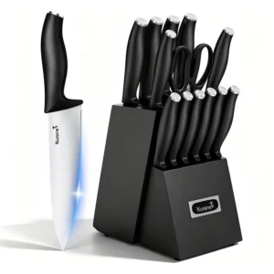 15-Piece Black Kitchen Knife Block Set Ergonomic PP Handle Chef Knife Set With Built-In Sharpener Knife Holder