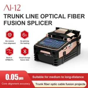 AI 12 6 Motors Core Alignment Fiber Fusion Splicer 0.05um High Precision 6s Splicing 15s Heating with VFL OPM 7800mAh Battery