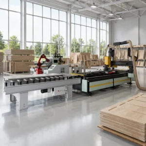 Automatic CNC Four Side Saw Roller Transfer Line Smart High Efficiency Door Squaring Cutting CNC Panel Saw Door Making Equipment