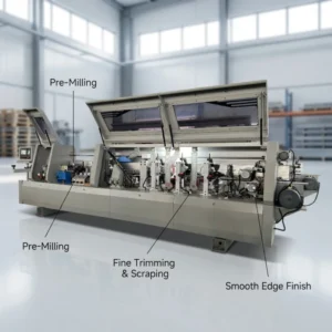 BH 388Y Edge Banding Machine with Pre Milling Rough Trimming Fine Trimming Scraping Buffing for Clean Edge Finish