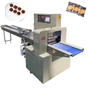 Horizontal Tray Motor Compression Chocolate Food Packaging Pillow Type Flow Machine Plastic Paper Foil Small Shrink Wrap Machine