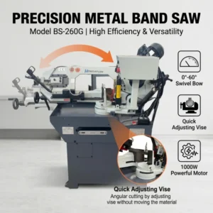 Industrial Gear Driven Band Saw BS-260G 1000W Metal Cutting Saw 227mm Capacity Adjustable Angle 45 60 90 Degree